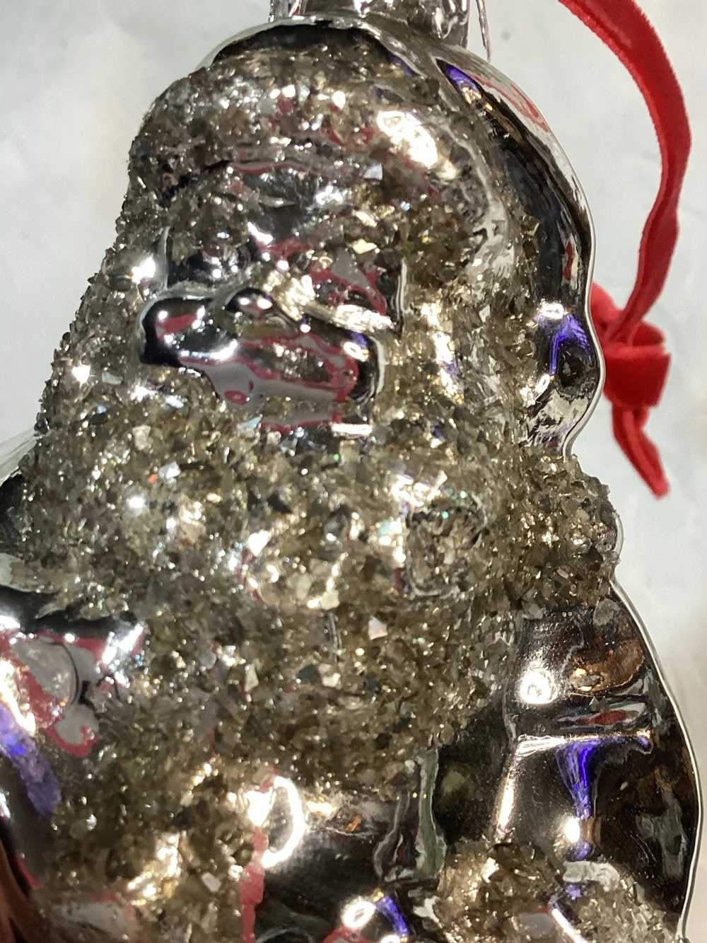 Silver Mercury Glass Glitter Santa Ornament Red Velvet Ribbon 5.5
